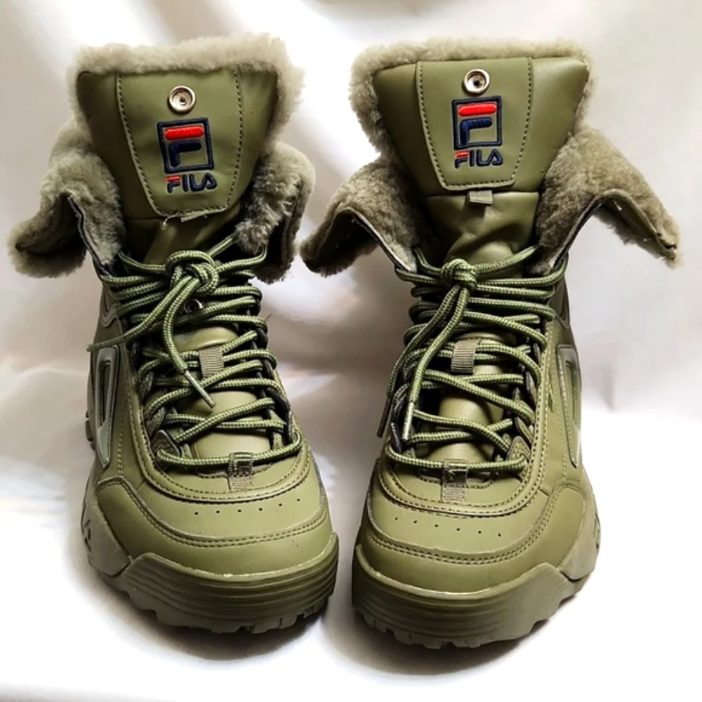 Fila Disruptor Shearling Olive Green Lace-up Winter Boots (w size 8)